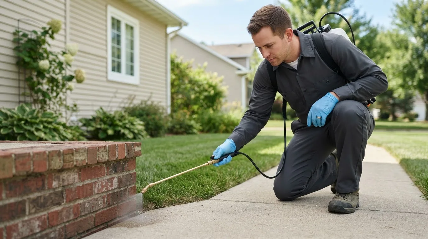 Pest control technician treating a home near State Line, IN