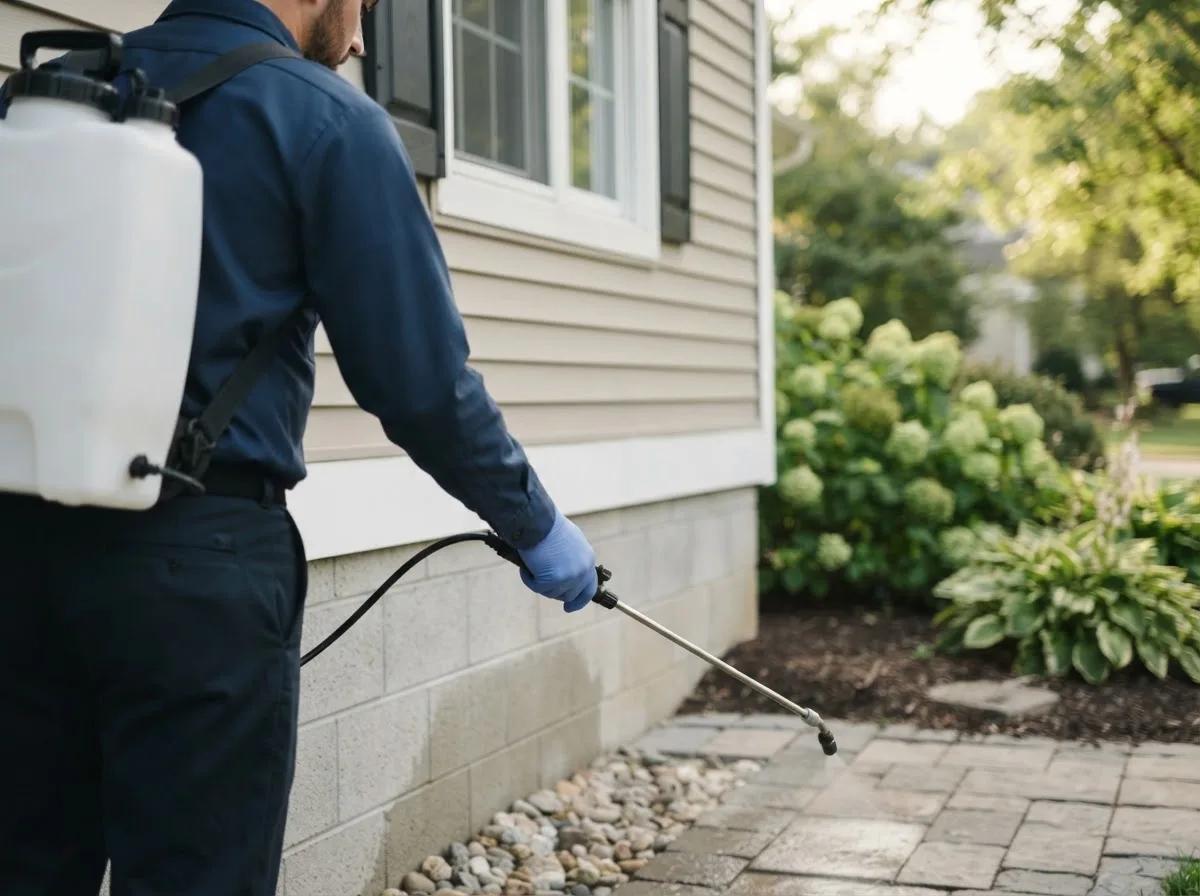 Pest control technician inspecting a home in State Line, IN